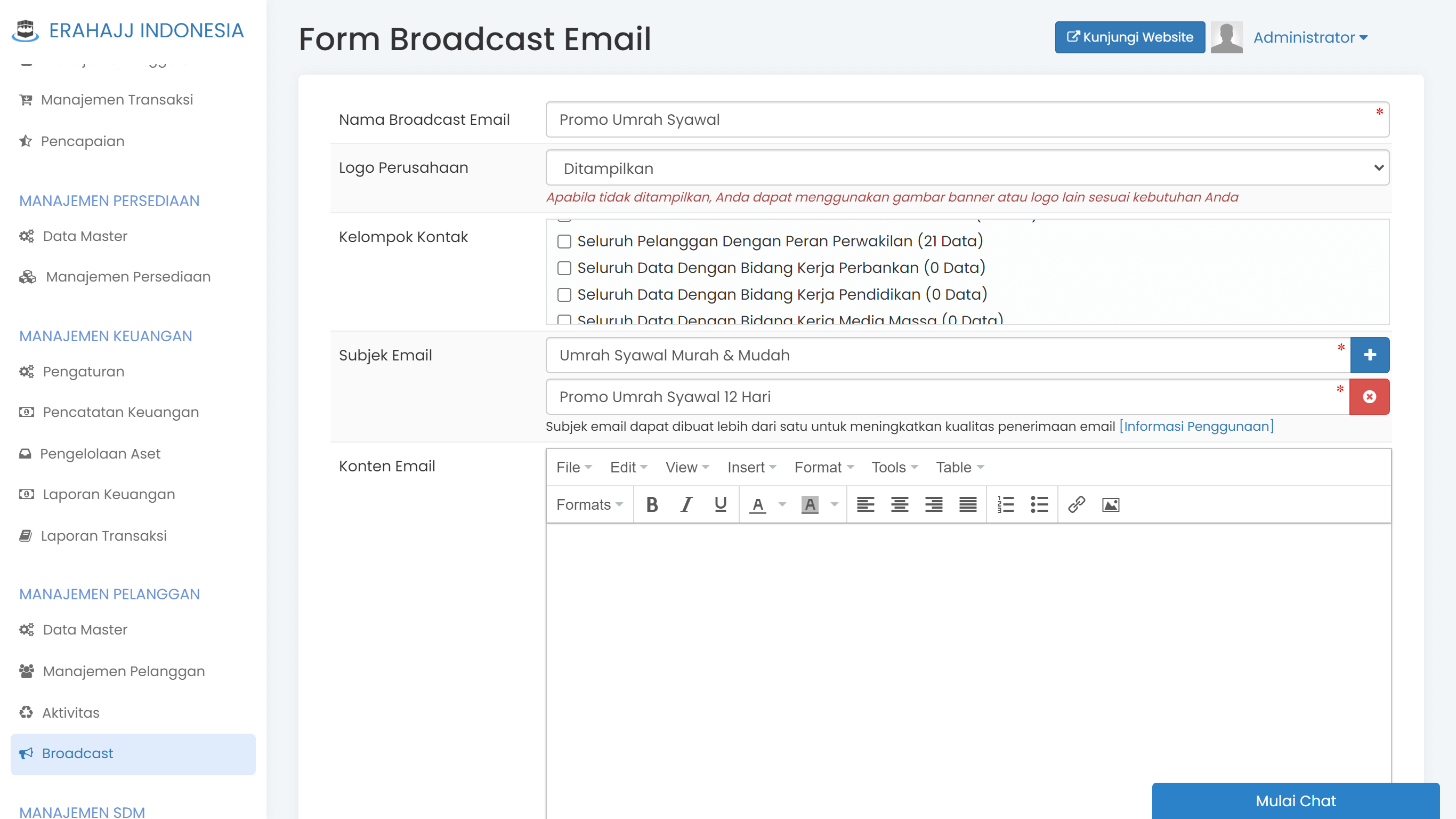 Layar broadcast email dan SMS di CRM Safar