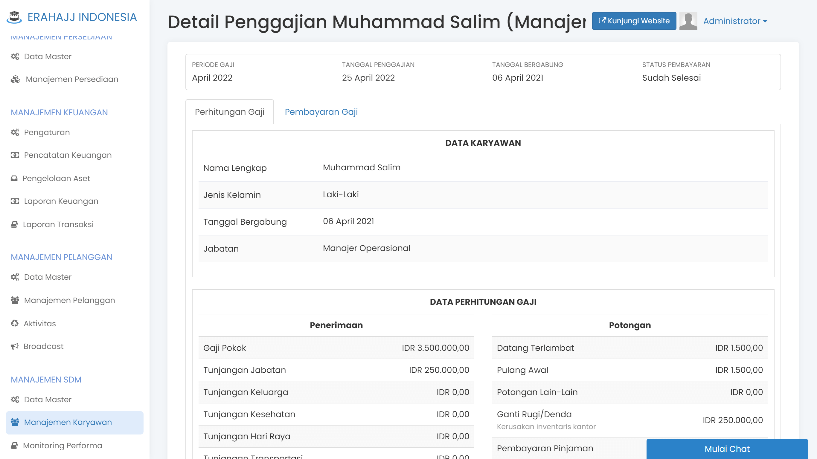 Layar administrasi penggajian karyawan di HRIS Safar