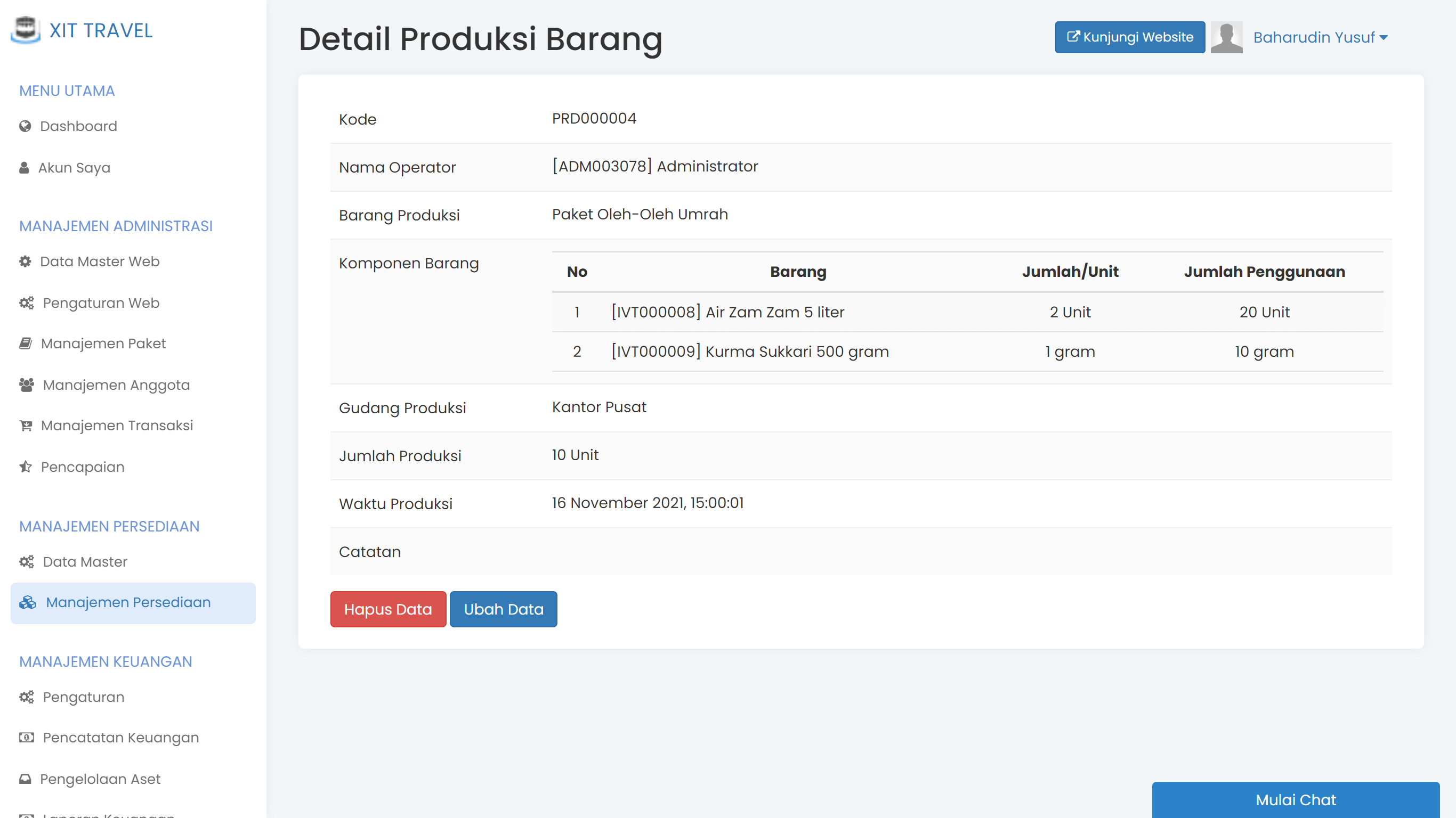 Layar pencatatan produksi barang di Safar