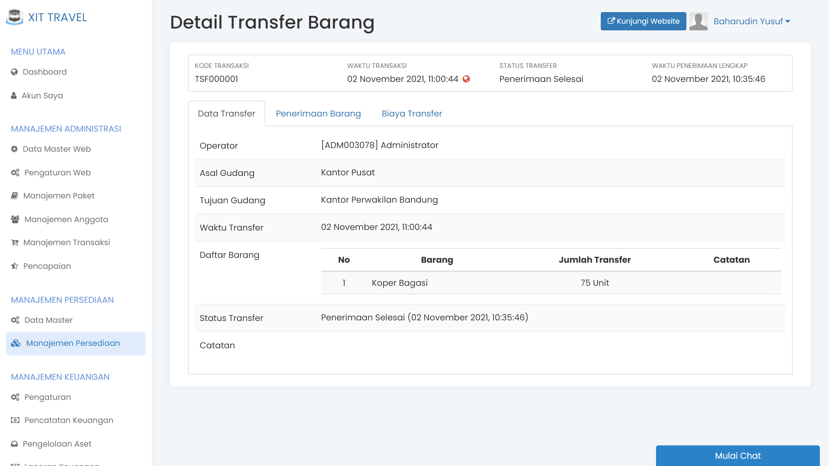 Layar pencatatan transfer barang antar gudang di Safar