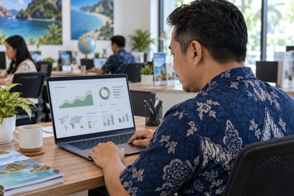 Pemilik travel memantau dashboard kondisi bisnis di laptop di kantornya